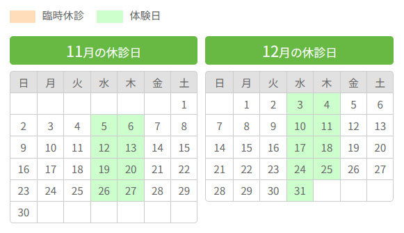 11月・12月の休診日のご案内 11月・12月の休診日のご案内